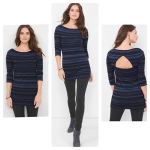 WHBM black blue FAIR ISLES TUNIC SWEATER 3/4sleeve